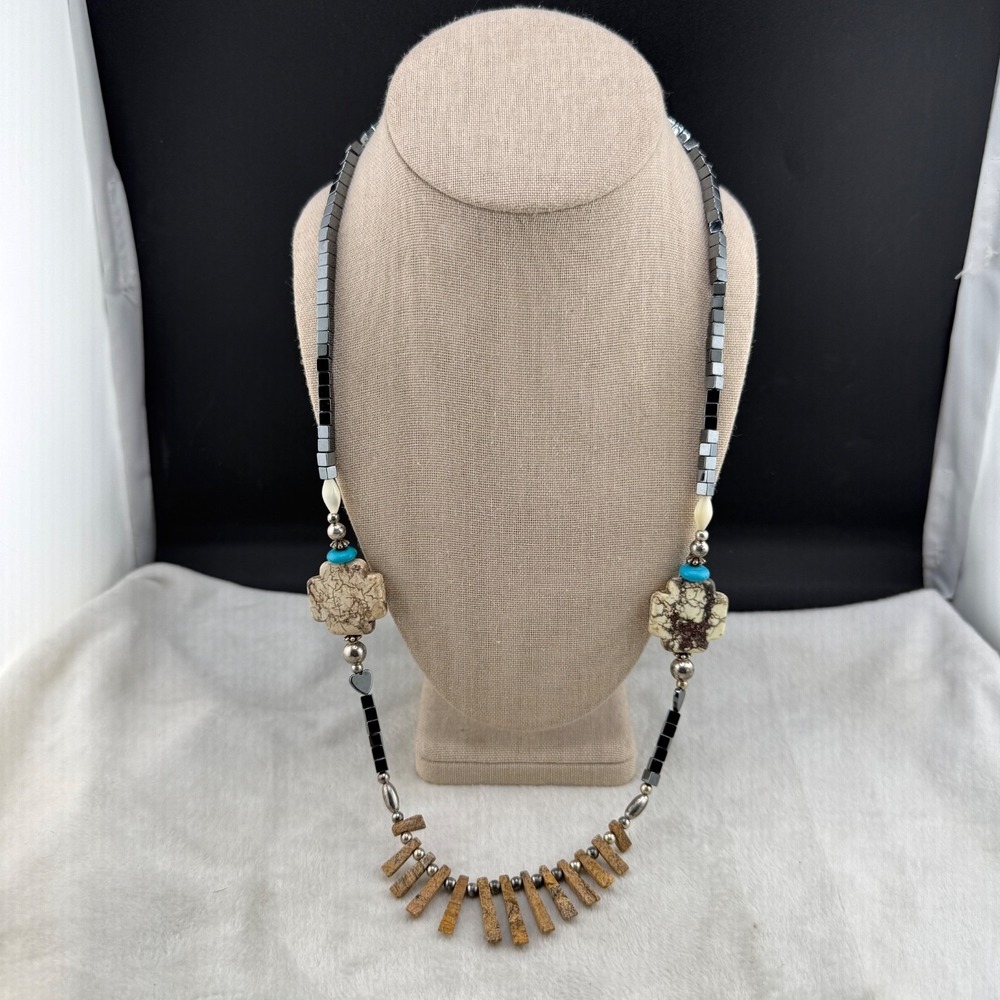Vintage Estate Necklace Gold Western Hematite Beaded Cross Heart 27in
